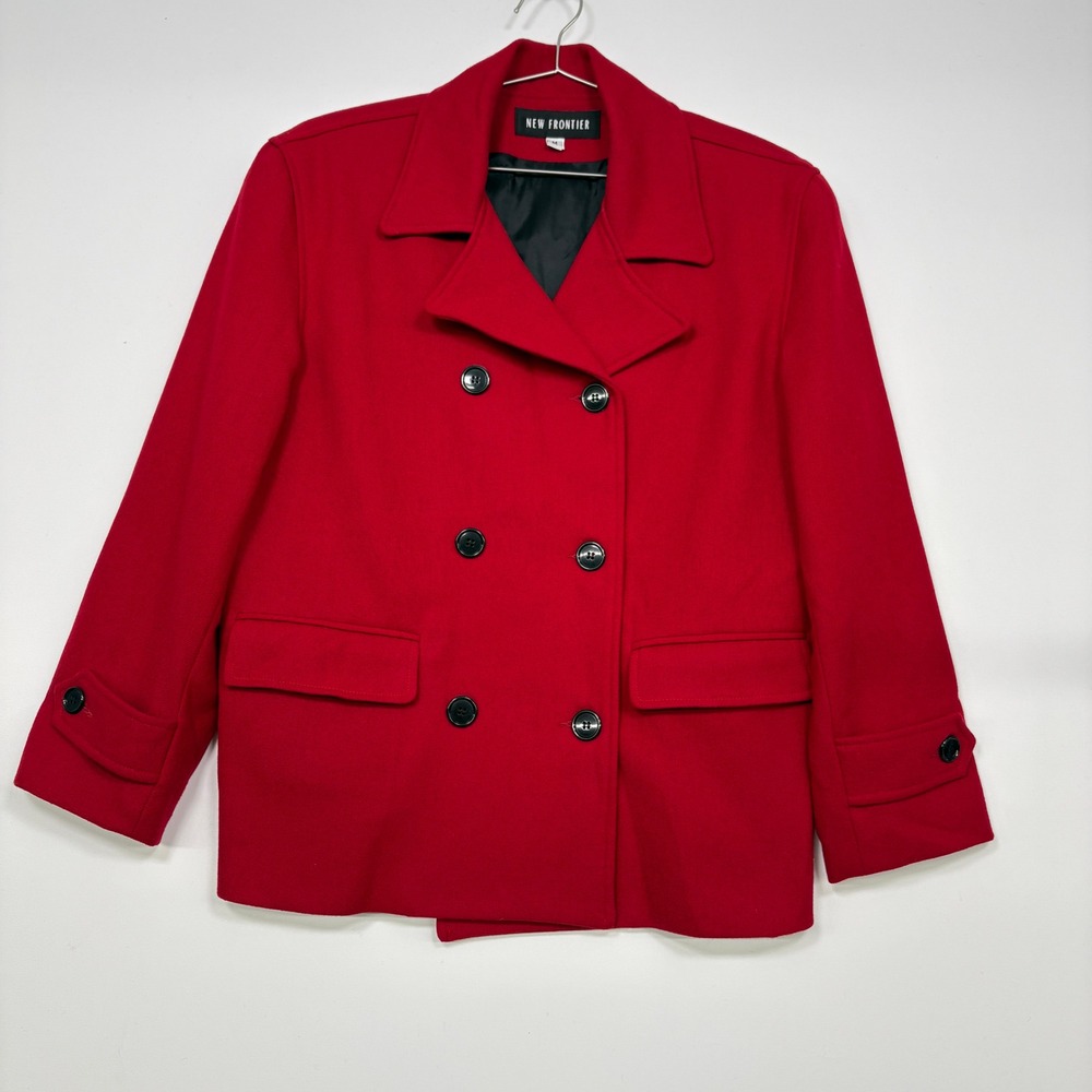 New Frontier Women Pea Coat Size M Red 100% Wool Double Breasted Made in USA